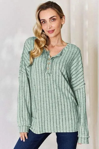 Basic Bae Full Size Ribbed Half Button Long Sleeve T-Shirt Gum Leaf Women's T-Shirts - Tophatter Daily Deals