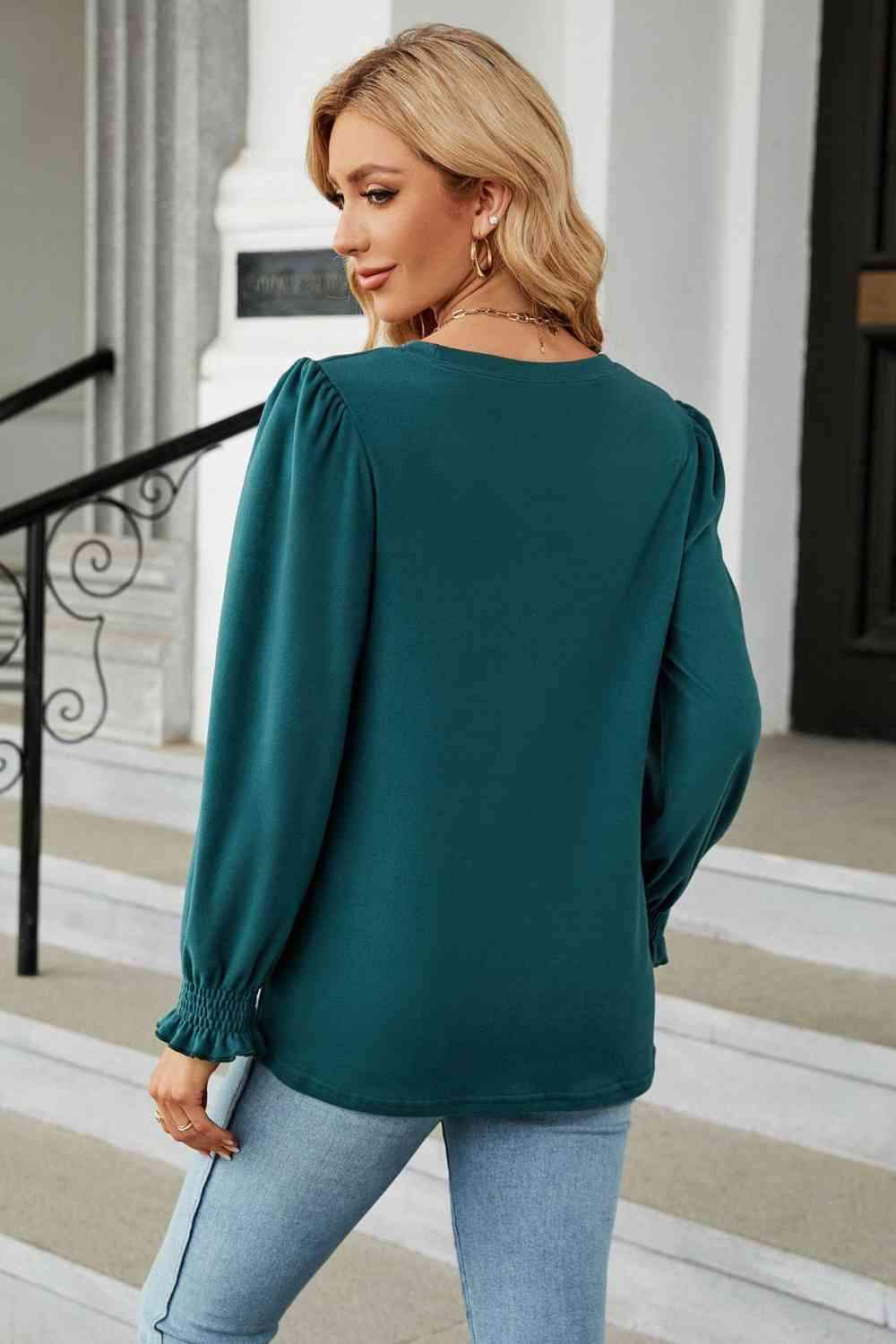 Round Neck Smocked Flounce Sleeve Blouse Blouses - Tophatter Daily Deals