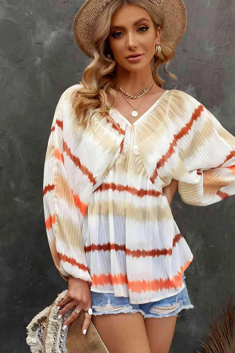 Striped Balloon Sleeve V-Neck Babydoll Blouse Blouses - Tophatter Daily Deals