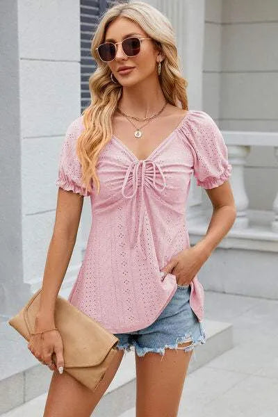 Eyelet Drawstring Short Sleeve T-Shirt Women's T-Shirts - Tophatter Daily Deals