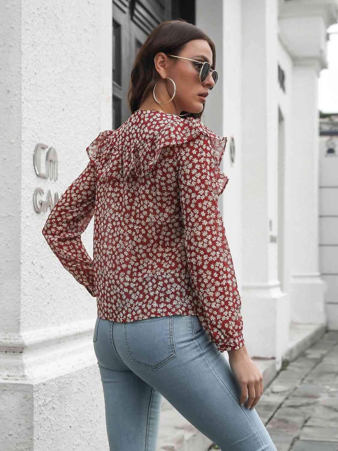 Printed Statement Collar Long Sleeve Blouse Blouses - Tophatter Daily Deals