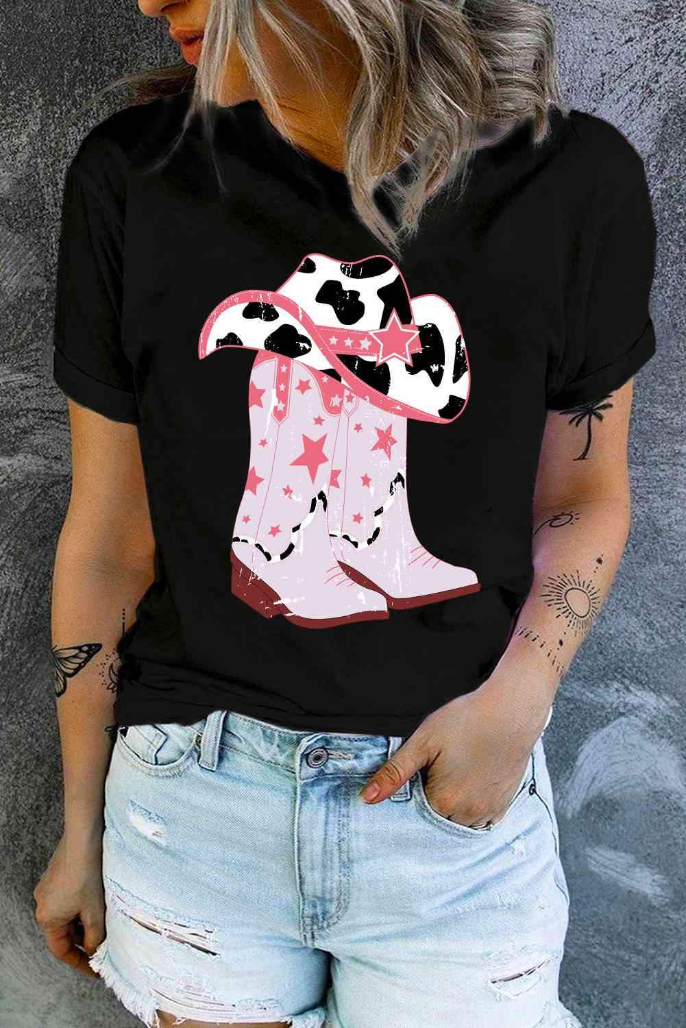 Cowboy Hat and Boots Graphic Tee Black - Tophatter Daily Deals