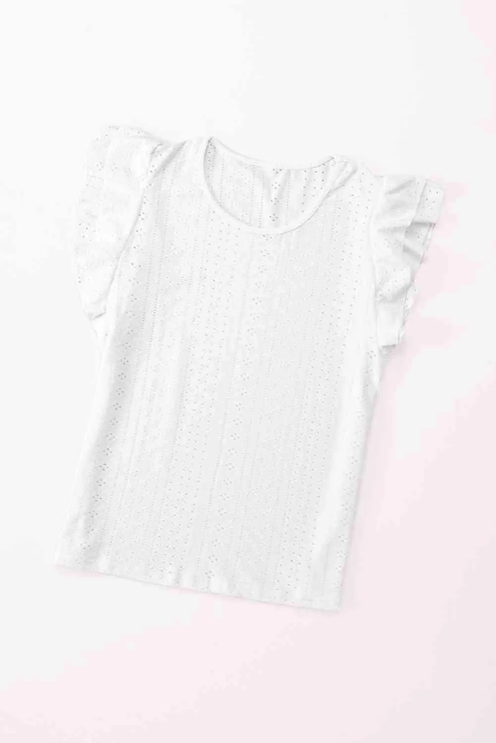 Eyelet Round Neck Flutter Sleeve Blouse Blouses - Tophatter Daily Deals