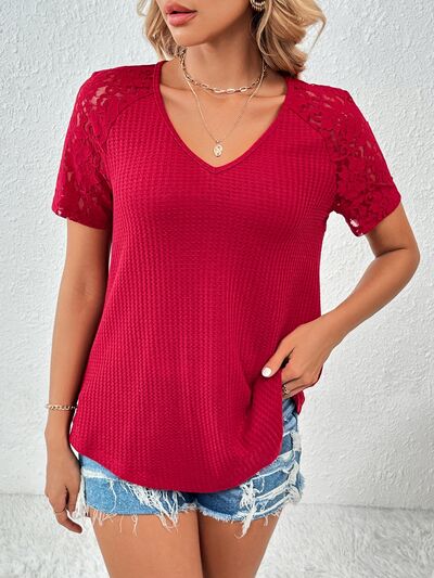 Lace Detail V-Neck Short Sleeve T-Shirt Scarlet Women's T-Shirts - Tophatter Daily Deals