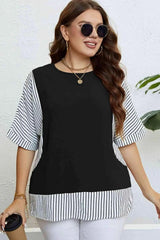 Plus Size Striped Round Neck Half Sleeve Top Blouses - Tophatter Daily Deals