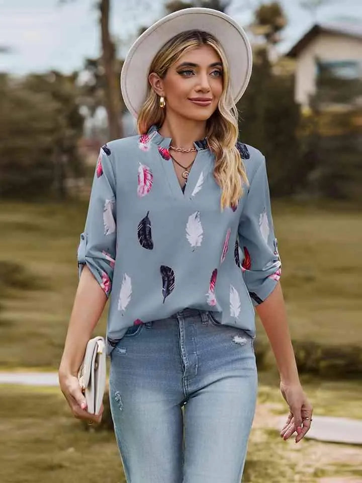 Printed Roll-Tab Sleeve Notched Neck Blouse Blouses - Tophatter Daily Deals