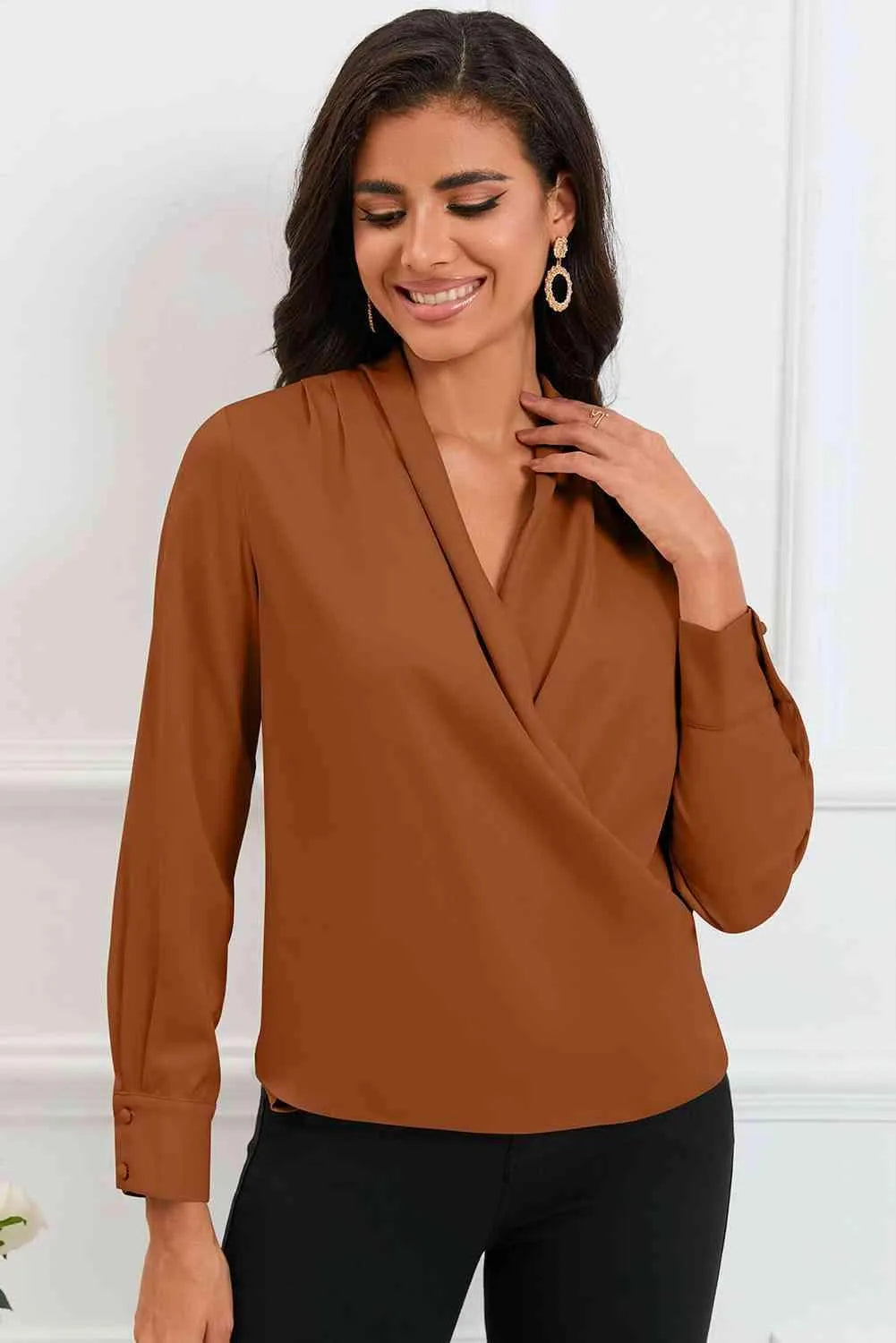 V-Neck Buttoned Long Sleeve Blouse Blouses - Tophatter Daily Deals