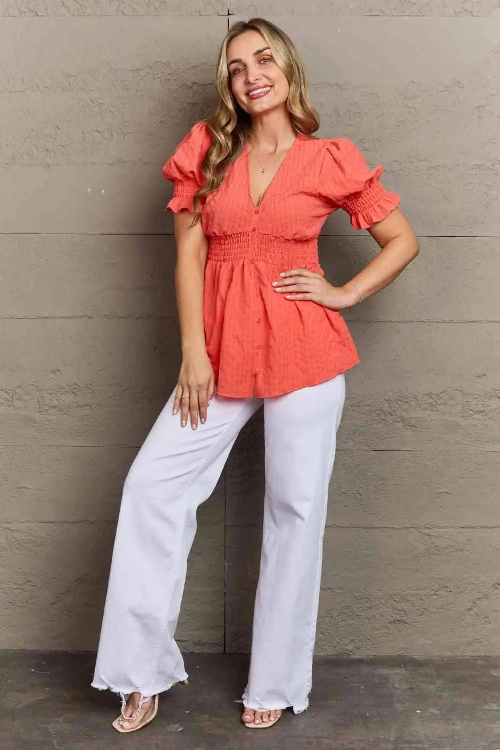 Culture Code Whimsical Wonders Full Size V-Neck Puff Sleeve Button Down Top Blouses - Tophatter Daily Deals