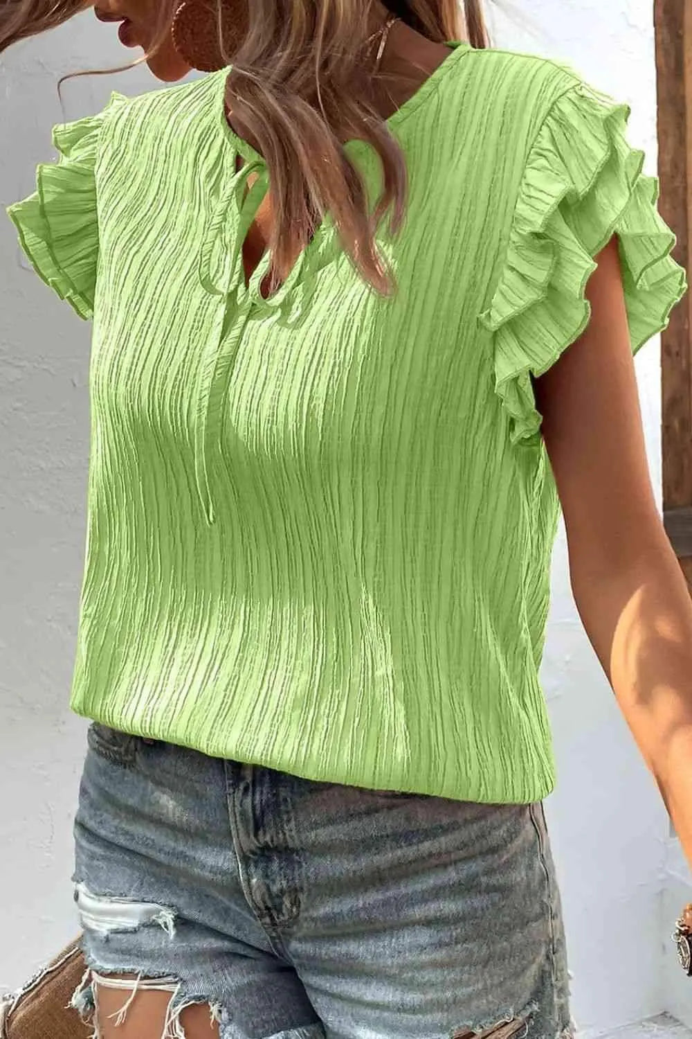 Textured Tie Neck Butterfly Sleeve Blouse Blouses - Tophatter Daily Deals