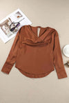 Cowl Neck Dropped Shoulder Long Sleeve Back Tie Blouse Blouses - Tophatter Daily Deals