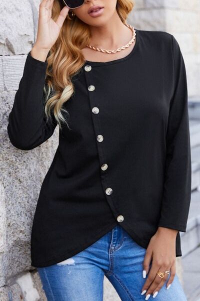 Decorative Button Round Neck Long Sleeve T-Shirt Women's T-Shirts - Tophatter Daily Deals