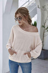 Boat Neck Waffle-Knit Lantern Sleeve Blouse with Pocket Blouses - Tophatter Daily Deals