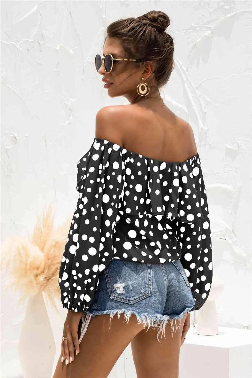 Polka Dot Off-Shoulder Layered Blouse Blouses - Tophatter Daily Deals