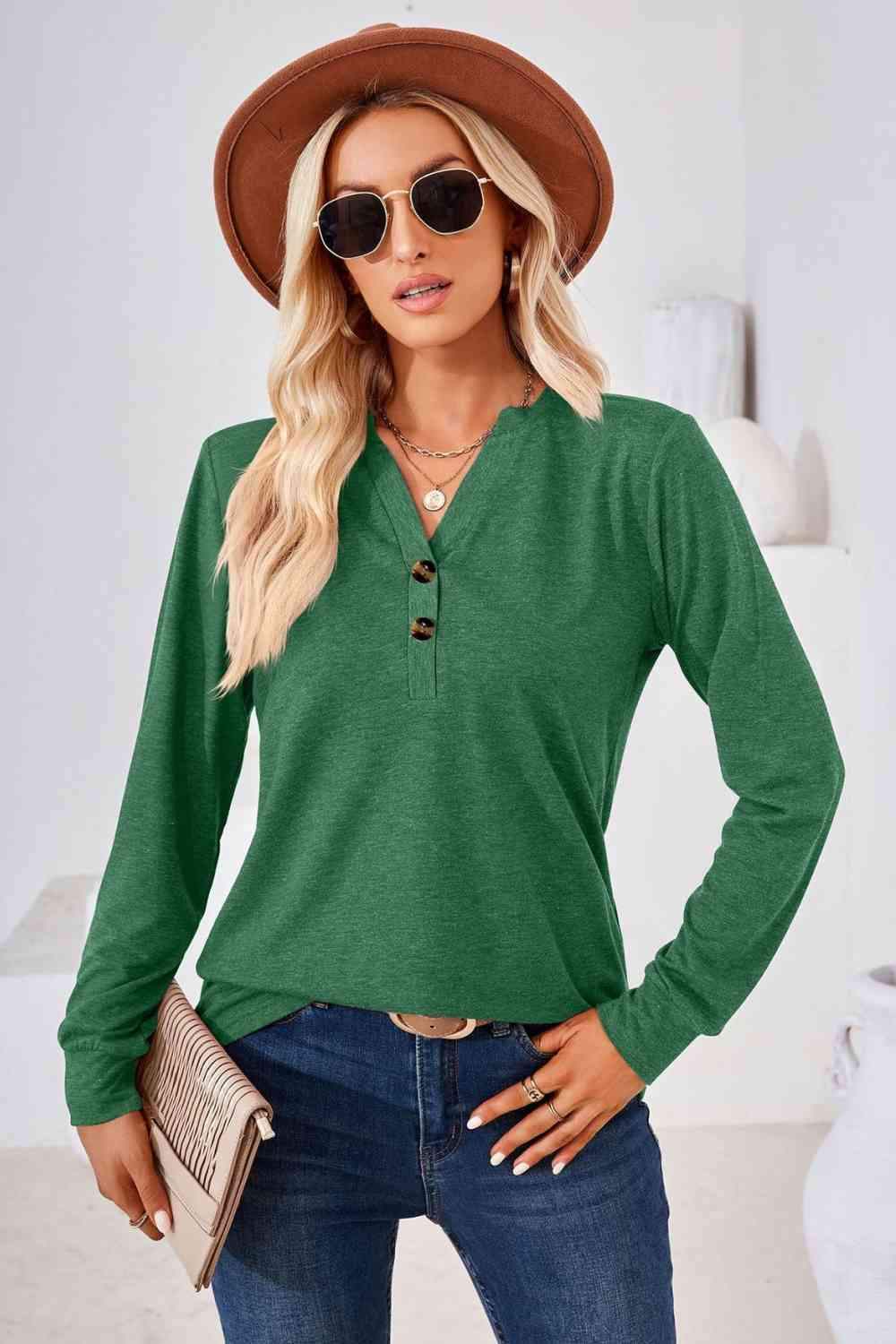 V-Neck Buttoned Long Sleeve Blouse Blouses - Tophatter Daily Deals