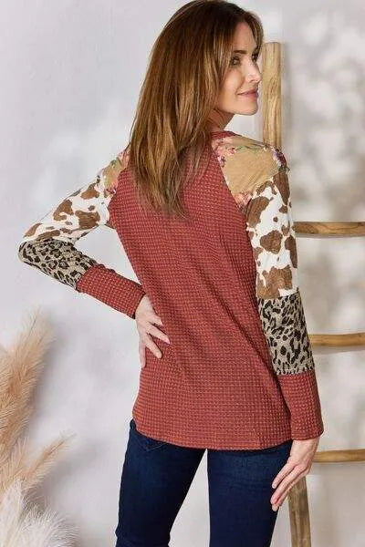 Hailey & Co Full Size Leopard Waffle-Knit Blouse Blouses - Tophatter Daily Deals
