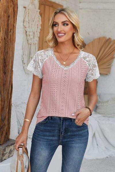 Eyelet V-Neck Lace Short Sleeve T-Shirt Women's T-Shirts - Tophatter Daily Deals