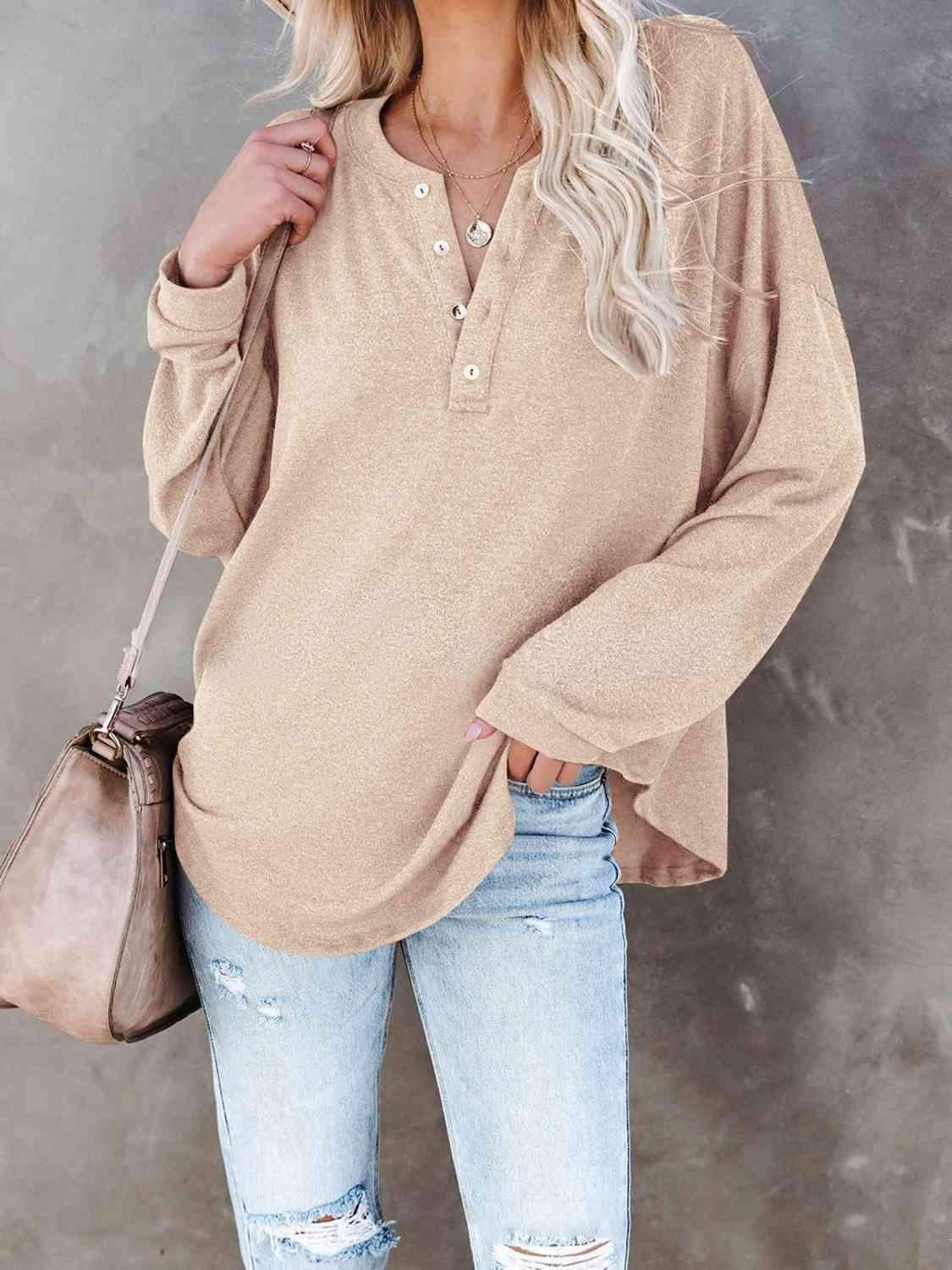 Buttoned Drop Shoulder Top Dust Storm Women's T-Shirts - Tophatter Daily Deals