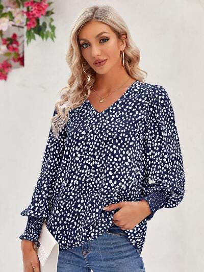 Printed V-Neck Lantern Sleeve Blouse Blouses - Tophatter Daily Deals