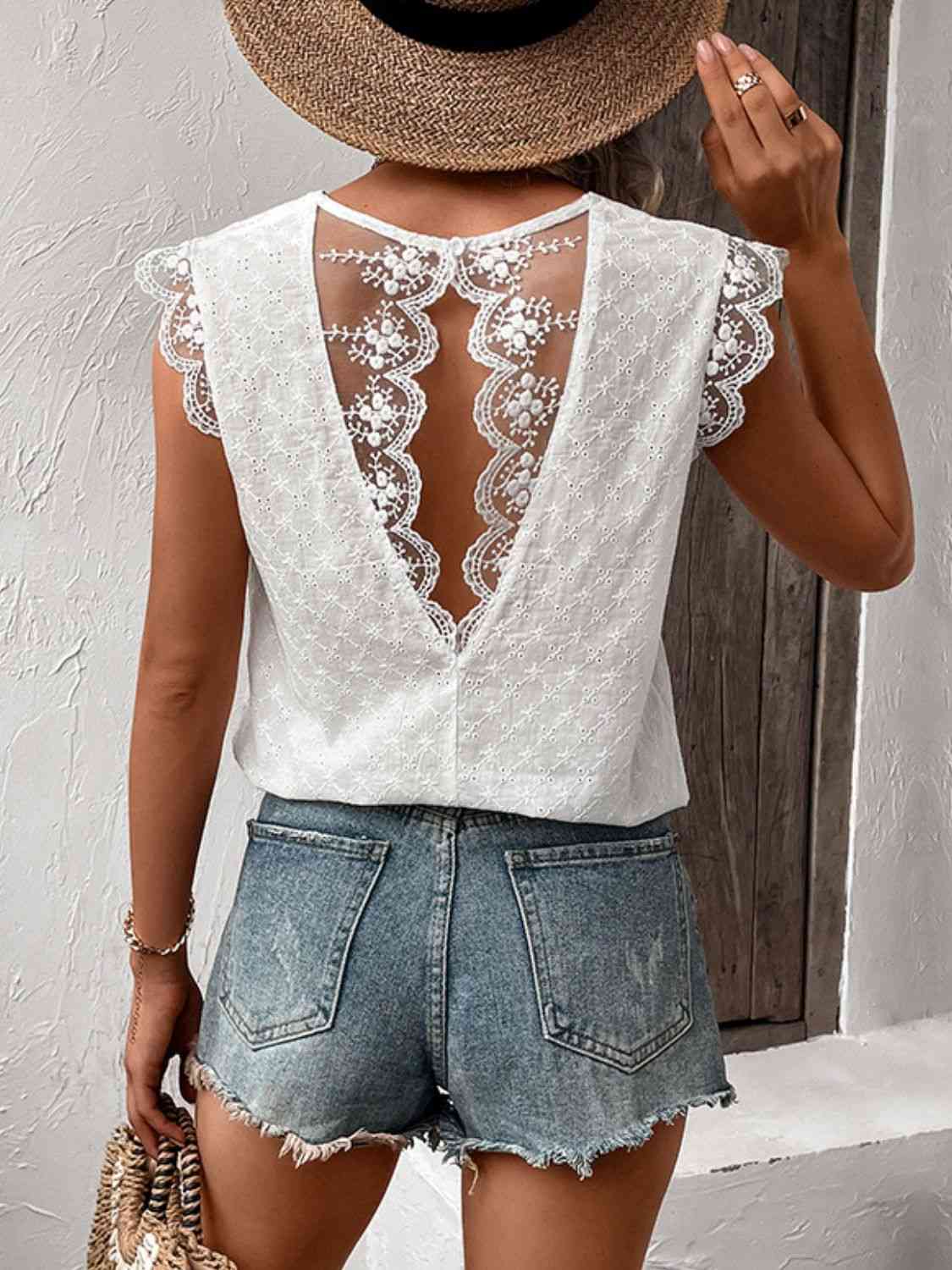 V-Neck Cap Sleeve Spliced Lace Top - Tophatter Deals