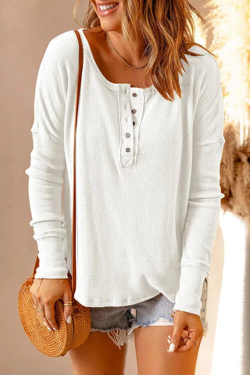 Waffle Knit Henley Long Sleeve Top White Blouses - Tophatter Daily Deals