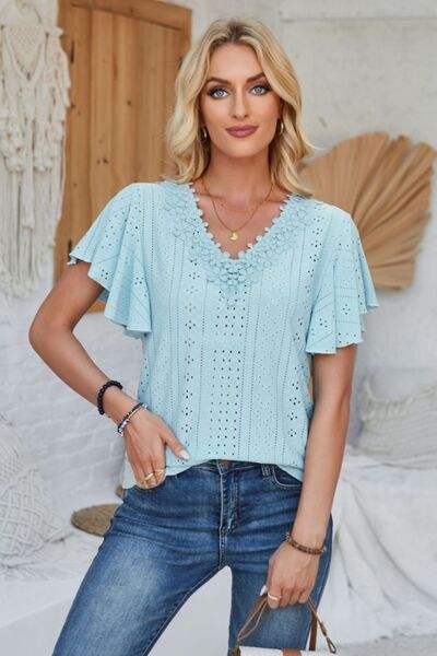 Eyelet Applique V-Neck Cap Sleeve T-Shirt Women's T-Shirts - Tophatter Daily Deals