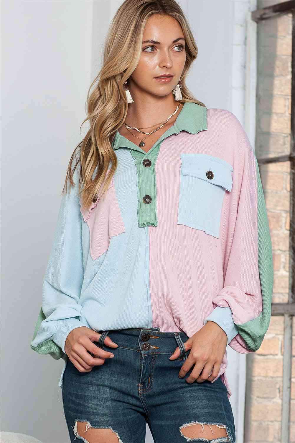 Multicolor Exposed Seam Colorblock Ribbed Henley Top Blush Pink Blouses - Tophatter Daily Deals