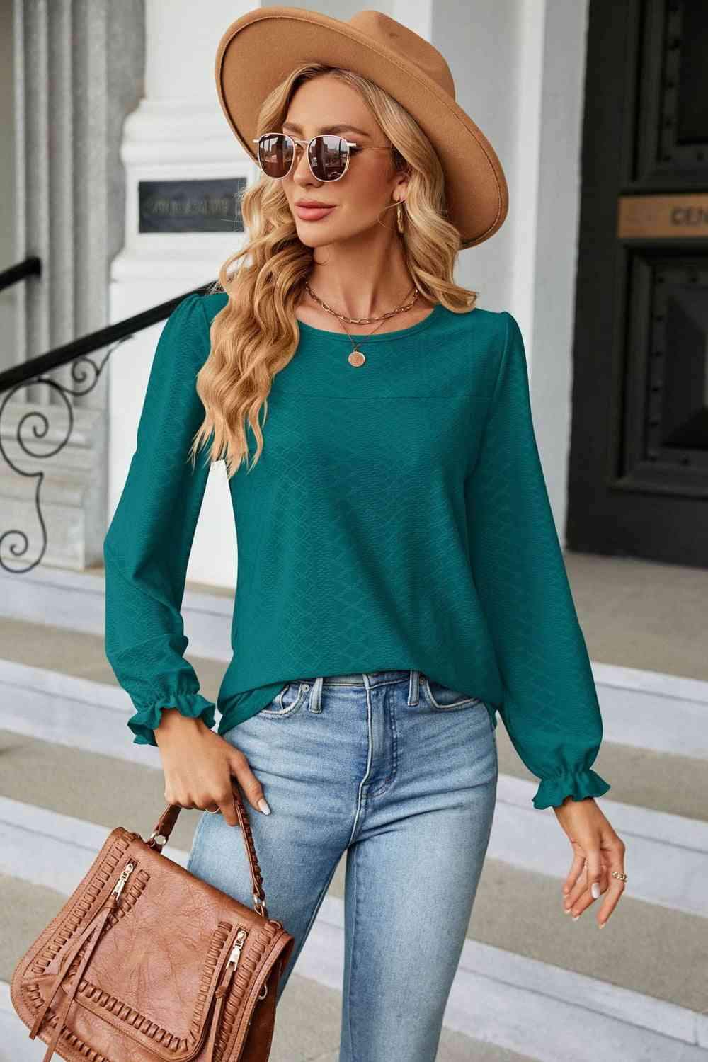 Round Neck Flounce Sleeve Blouse Deep Teal Blouses - Tophatter Daily Deals