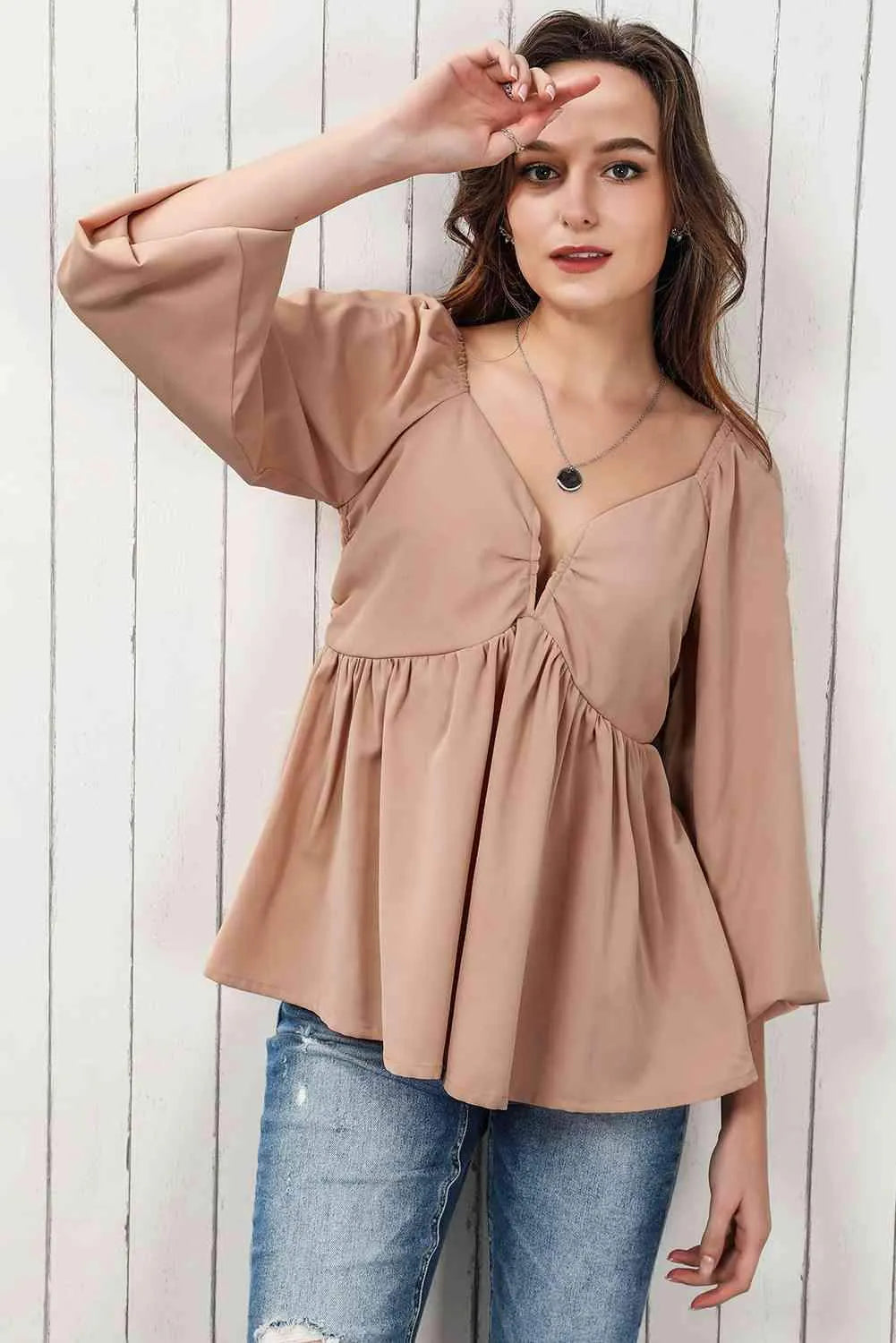 Double Take Tie Back Smocked Long Sleeve Babydoll Blouse Blouses - Tophatter Daily Deals