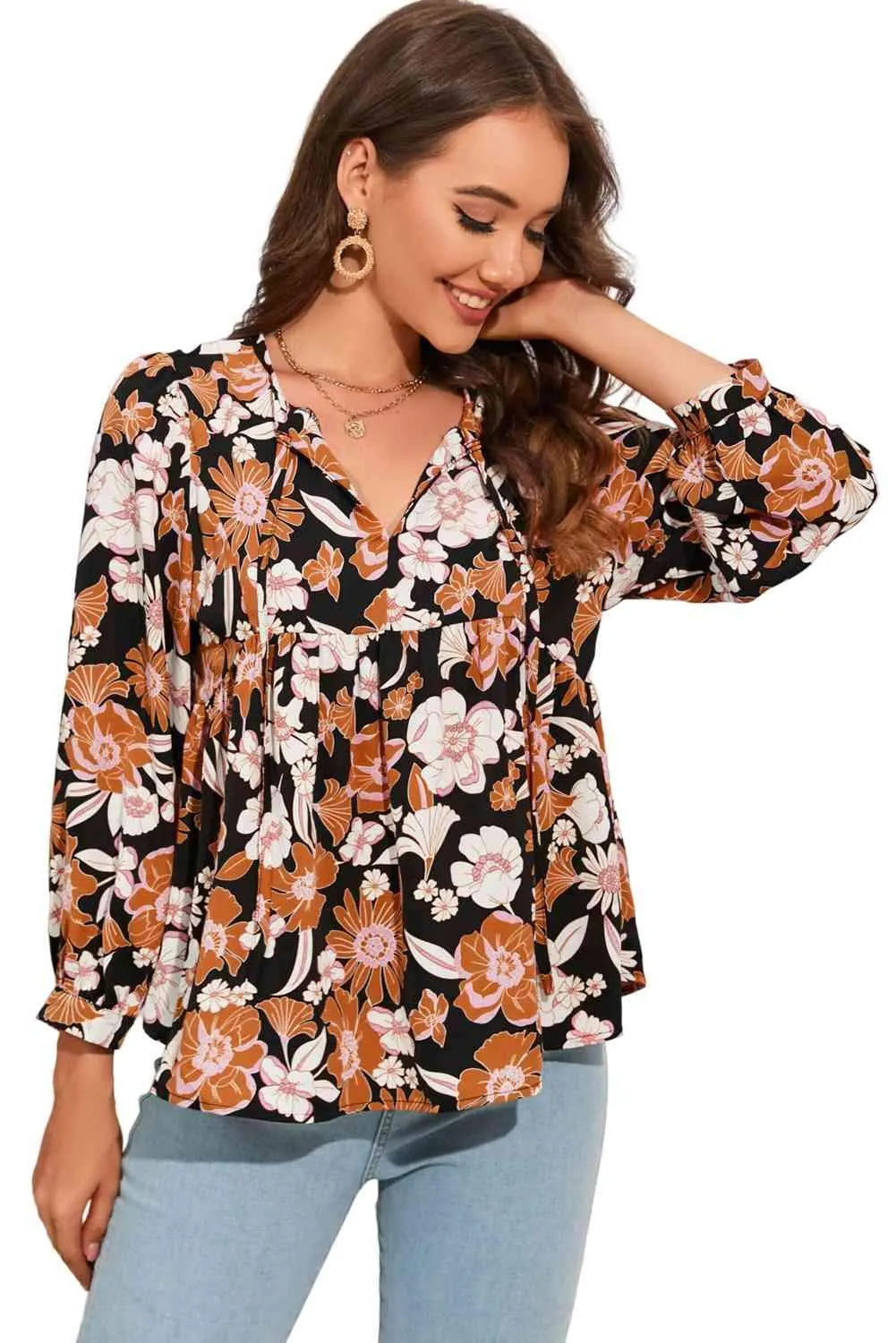 Floral Tie Neck Babydoll Blouse Blouses - Tophatter Daily Deals