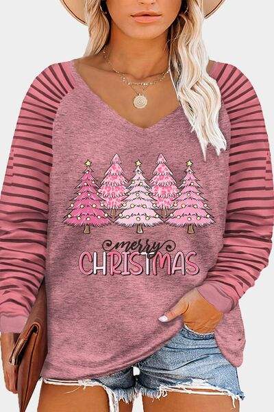 Plus Size MERRY CHRISTMAS Striped Long Sleeve T-Shirt Dusty Pink Women's T-Shirts - Tophatter Daily Deals