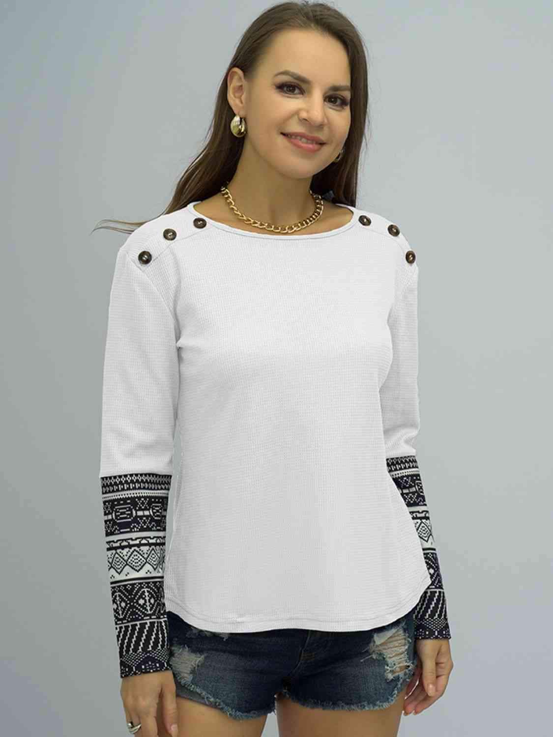 Printed Round Neck Buttoned Shoulder Tee White Women's T-Shirts - Tophatter Daily Deals