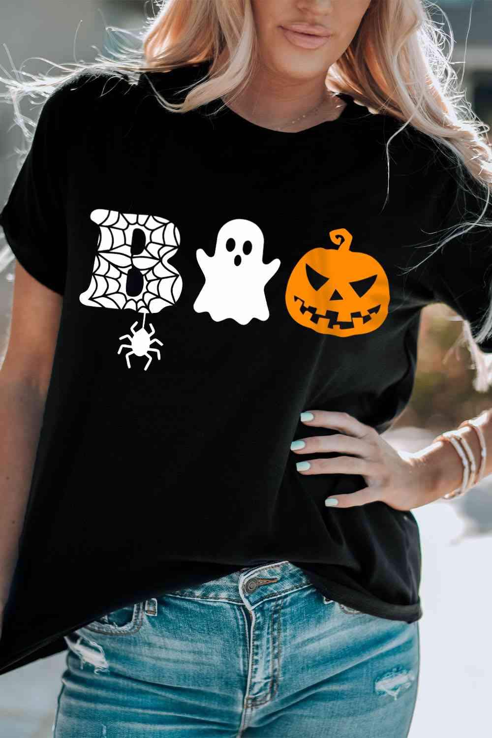 Round Neck Short Sleeve BOO Graphic T-Shirt Women's T-Shirts - Tophatter Daily Deals