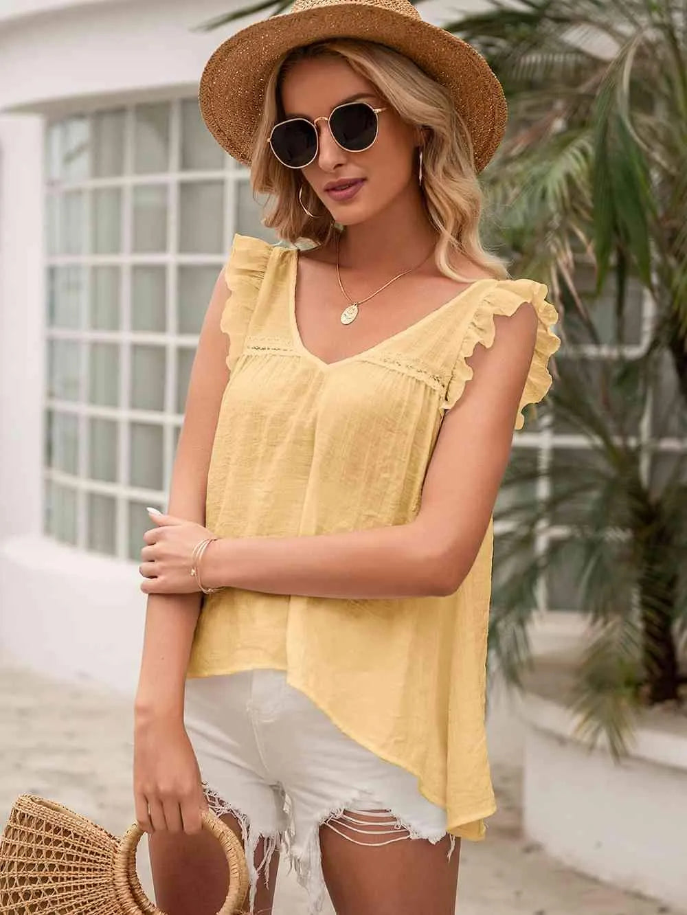 Tie Back V-Neck Ruffled Blouse Pastel Yellow Blouses - Tophatter Daily Deals