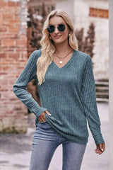 Double Take V-Neck Long Sleeve Ribbed Top Blouses - Tophatter Daily Deals