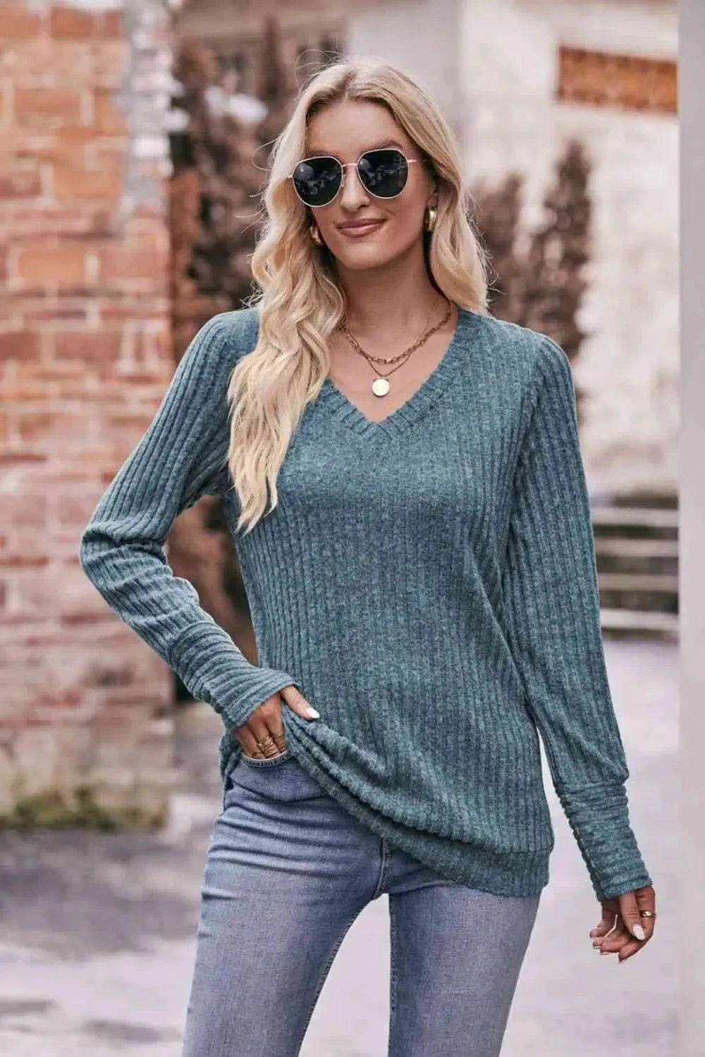 Double Take V-Neck Long Sleeve Ribbed Top Blouses - Tophatter Daily Deals