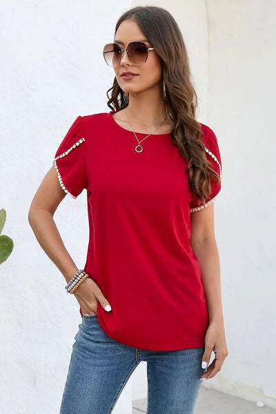 Round Neck Petal Sleeve T-Shirt Red Women's T-Shirts - Tophatter Daily Deals