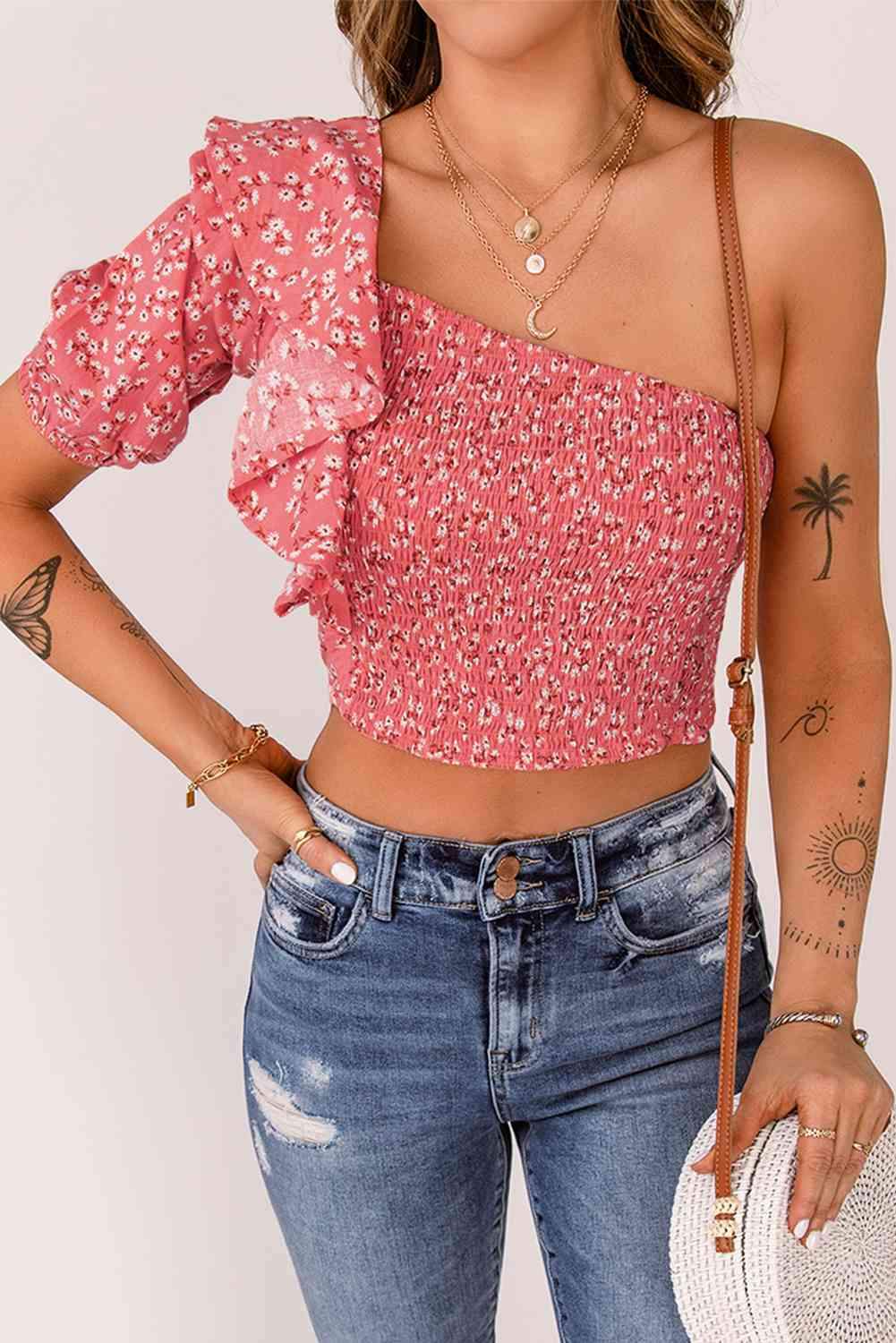 Ditsy Floral Ruffled One-Shoulder Smocked Top Blouses - Tophatter Daily Deals