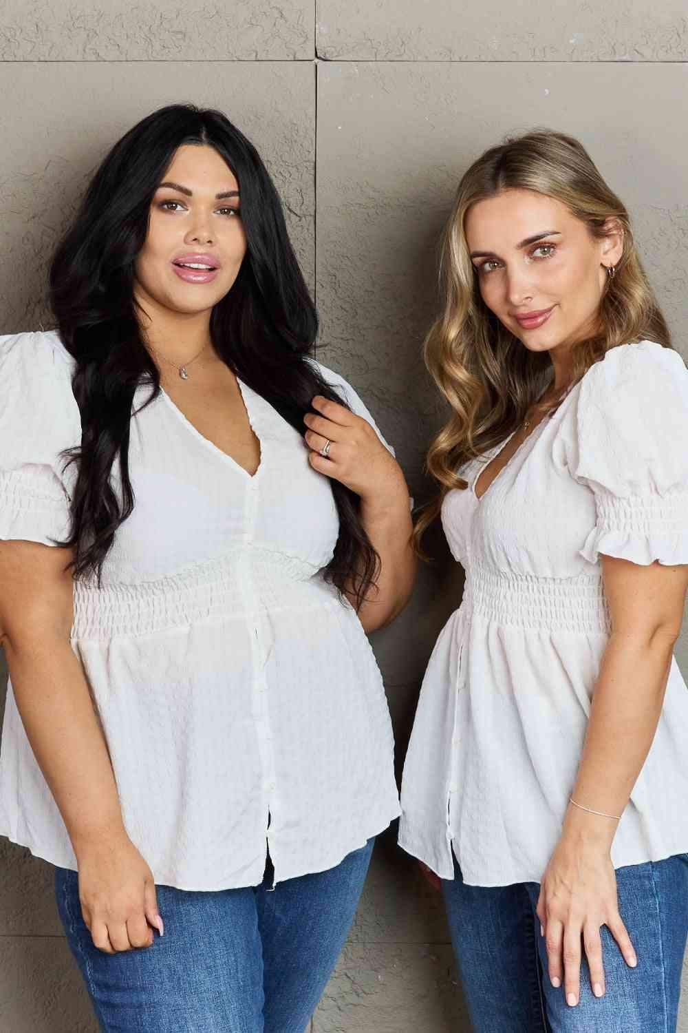 Culture Code Sweet Serenity Full Size V-Neck Puff Sleeve Button Down Top Blouses - Tophatter Daily Deals