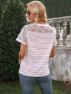 Lace Detail Striped V-Neck T-Shirt Women's T-Shirts - Tophatter Daily Deals