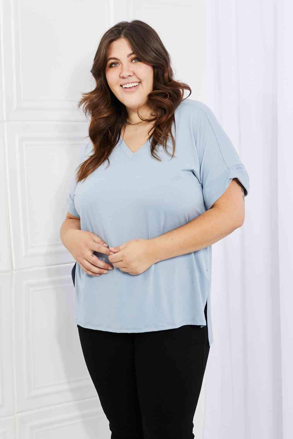 Zenana Simply Comfy Full Size V-Neck Loose Fit T-Shirt in Blue Women's T-Shirts - Tophatter Daily Deals