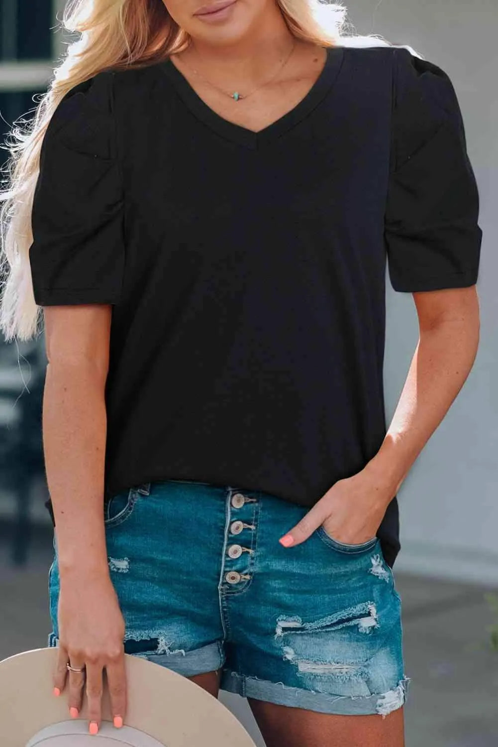Puff Sleeve V-Neck Tee Blouses - Tophatter Daily Deals