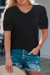Puff Sleeve V-Neck Tee Blouses - Tophatter Daily Deals