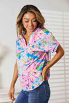 Double Take Floral Notched Neck Short Sleeve Top Blouses - Tophatter Daily Deals