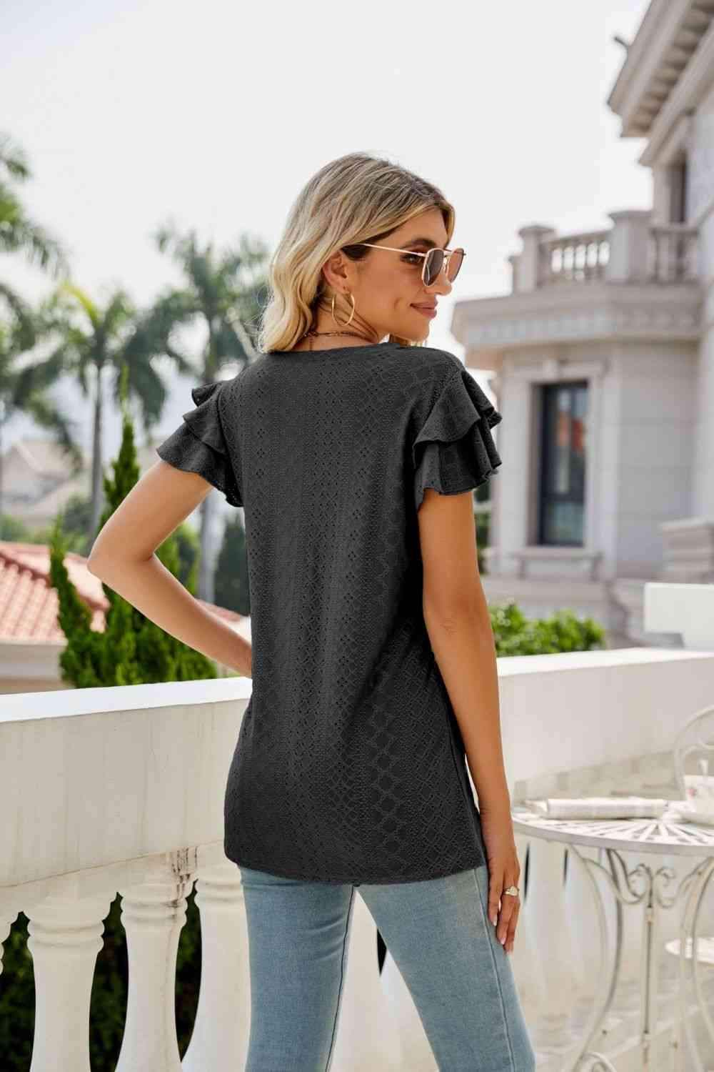 Eyelet Layered Flutter Sleeve V-Neck Top Blouses - Tophatter Daily Deals