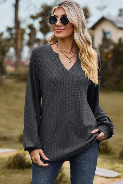 Eyelet Notched Raglan Sleeve T-Shirt Charcoal Women's T-Shirts - Tophatter Daily Deals