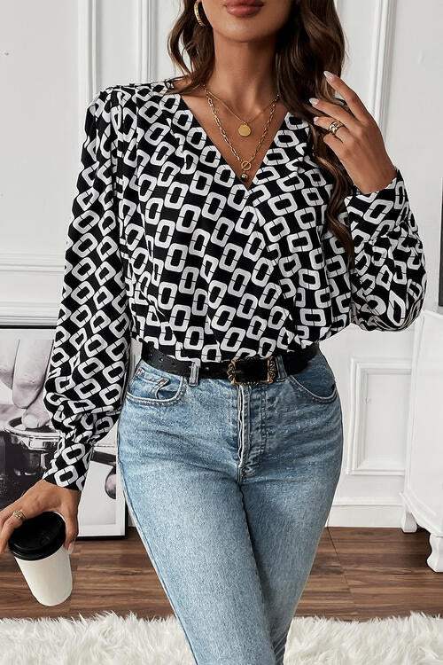 Geometric V-Neck Long Sleeve Blouse Blouses - Tophatter Daily Deals