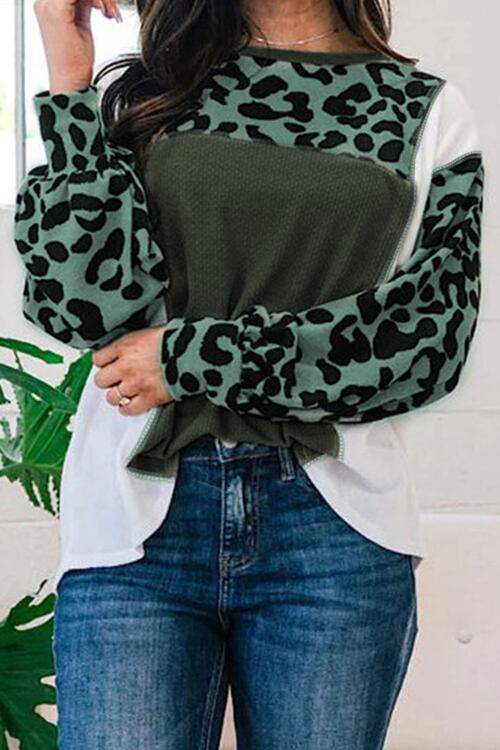 Leopard Color Block Exposed Seam Blouse Blouses - Tophatter Daily Deals