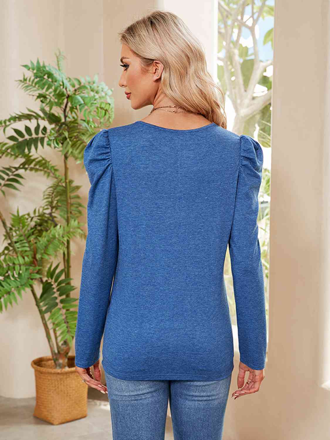 Buttoned Round Neck Puff Sleeve T-Shirt Women's T-Shirts - Tophatter Daily Deals