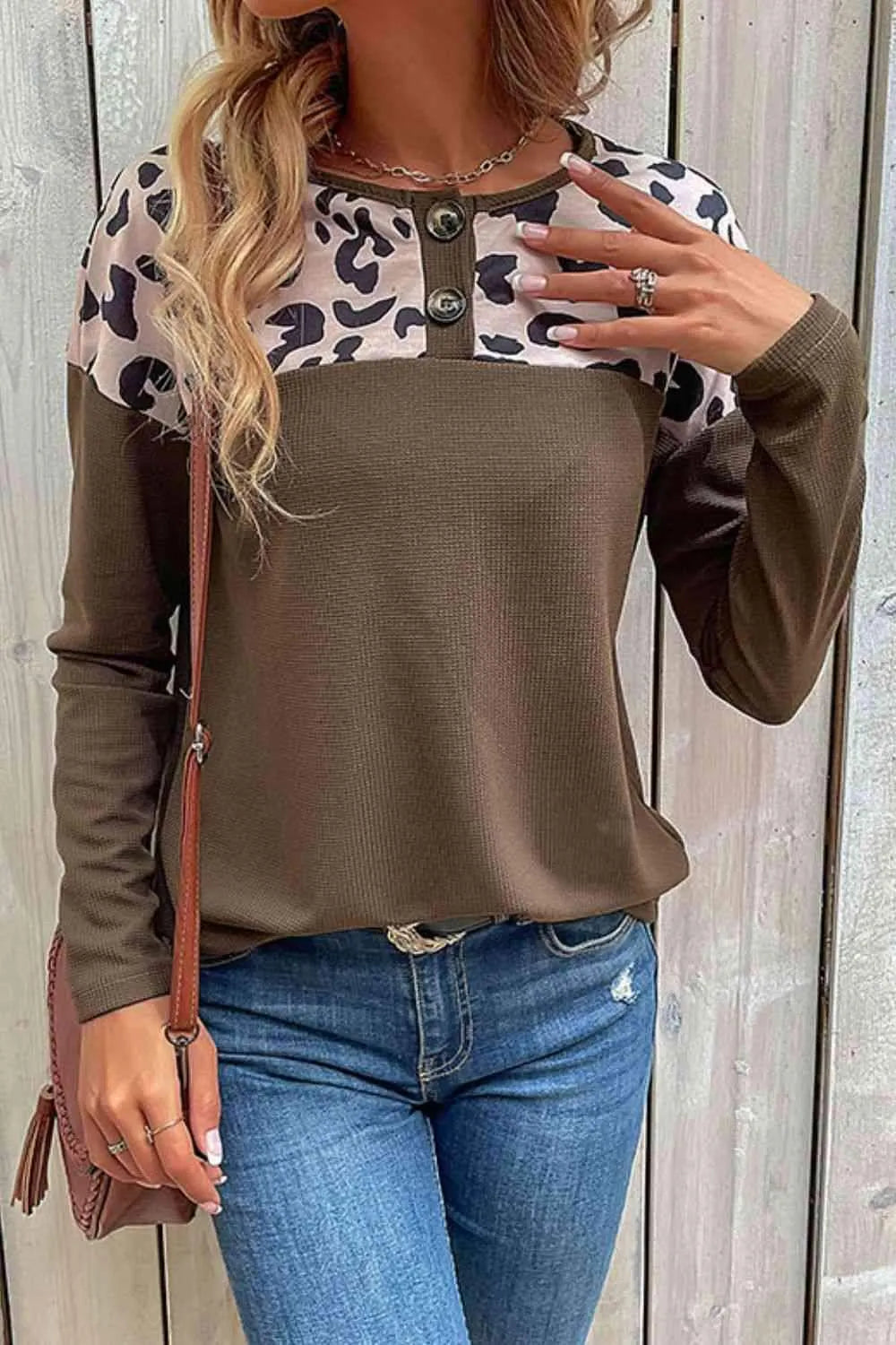 Leopard Buttoned Round Neck Drop Shoulder Top Taupe Blouses - Tophatter Daily Deals