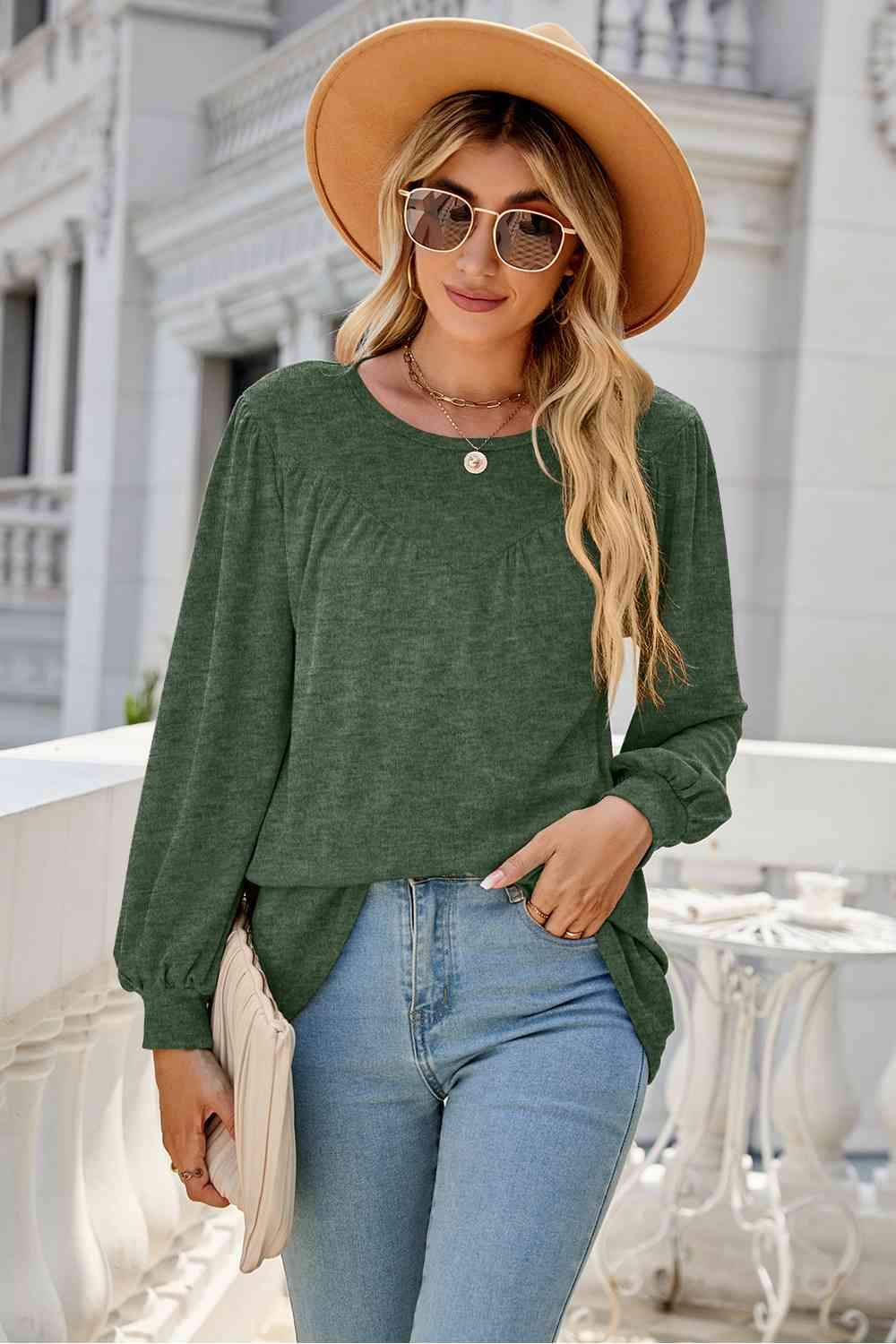 Round Neck Long Sleeve Top Moss Women's T-Shirts - Tophatter Daily Deals